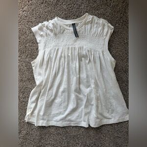 Anthropologie White Ruched Yoke Cap-Sleeve Blouse